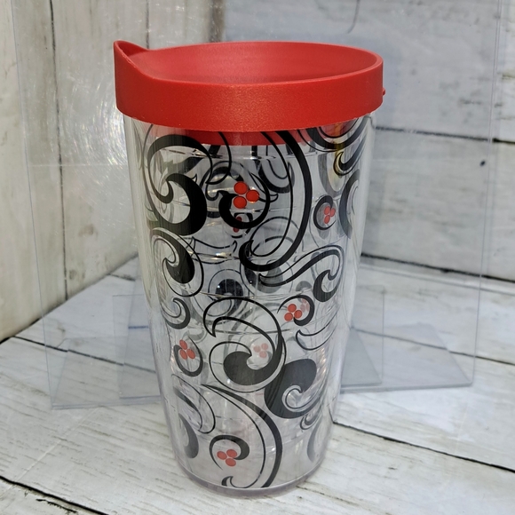Tervis Tumbler 16oz Red Lid Clear Plastic Black Swirl Pattern Travel Drinkware - Picture 3 of 8